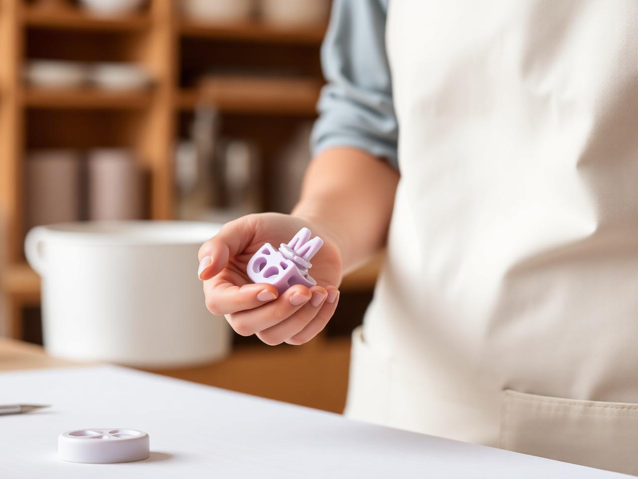 A maker holding a soft lilac 3D printed object